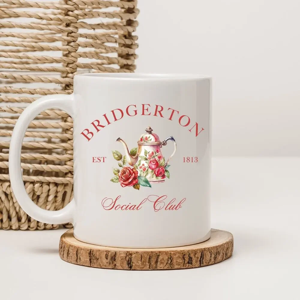 Bridgerton 15 oz Coffee Mug TV Show Social Club Teapot Floral Society Papers 01 - Picture 1 of 2